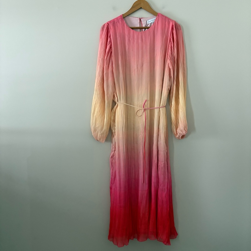 New Something Navy Maxi Dress‎ Pleated Tie Waist Long Sleeve pink combo ombré M - Picture 4 of 15